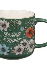 Be Still Teal Botanical Ceramic Coffee Mug - Psalm 46:10