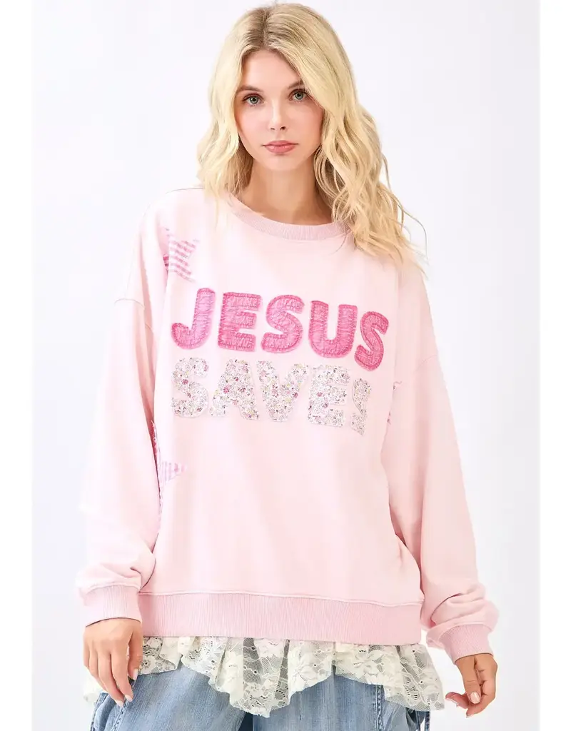 Jesus Saves Patchwork Crew Neck Sweatshirt