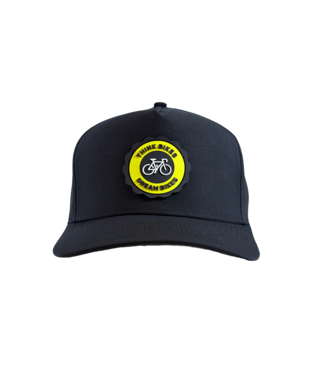 qpeed Performance Snapback Hat Think Bikes Dream Bikes Yellow Tag