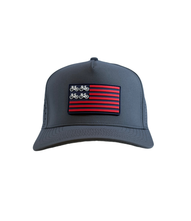 qpeed Performance Snapback Hat Bike Flag Navy Tag