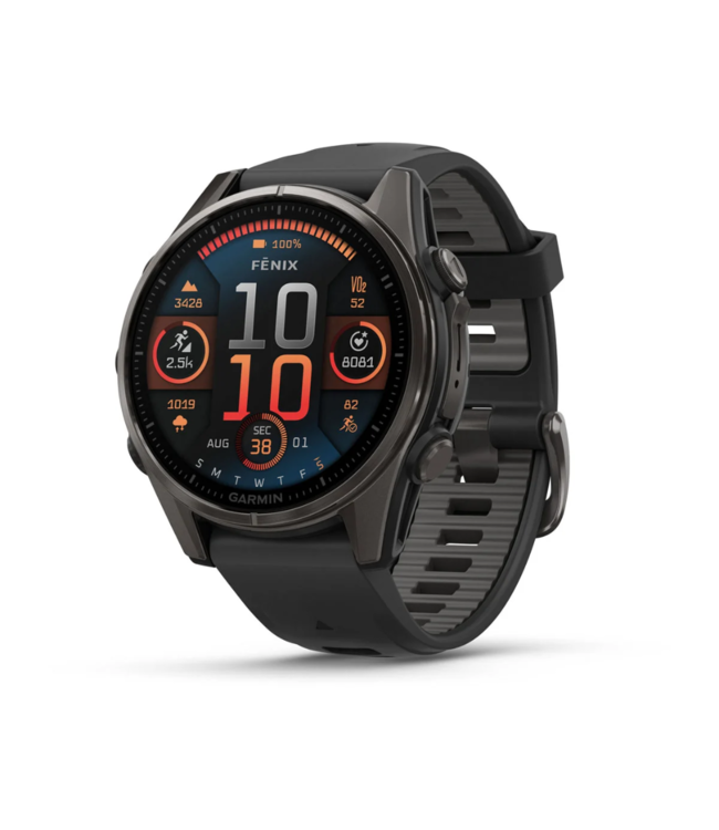 GARMIN fēnix 8 – 43 mm, AMOLED Sapphire, Carbon Gray DLC Titanium with Black/Pebble Gray Silicone Band