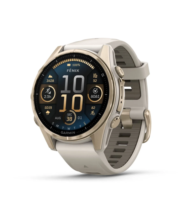 GARMIN fēnix® 8 – 43 mm, AMOLED Sapphire, Soft Gold with Fog Gray/Dark Sandstone Silicone Band