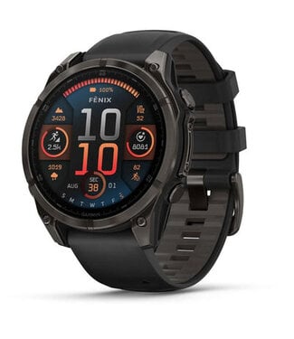 GARMIN Garminfēnix® 8 Pro – 47 mm, AMOLED fēnix® 8 Pro – 47 mm, AMOLED, Sapphire, Carbon Gray DLC Titanium with Black/Pebble Gray Silicone Band