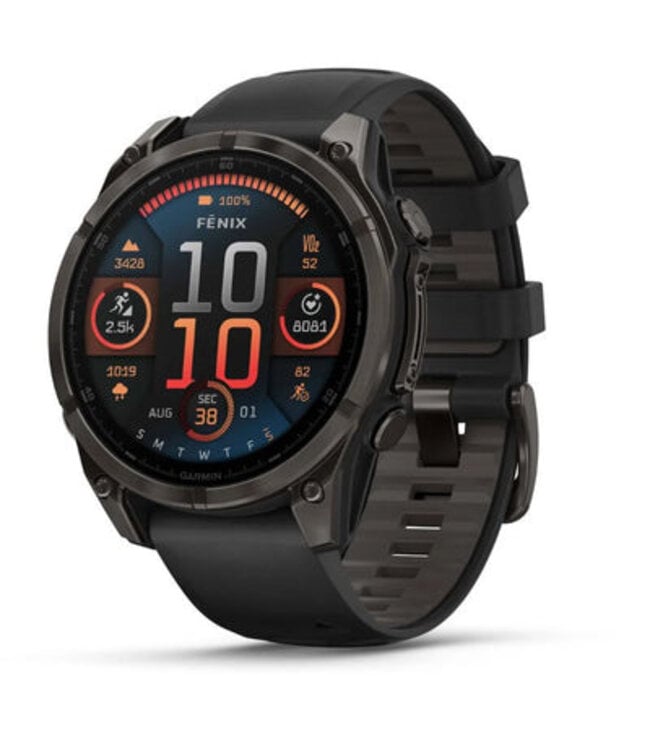 GARMIN Garminfēnix® 8 Pro – 47 mm, AMOLED fēnix® 8 Pro – 47 mm, AMOLED, Sapphire, Carbon Gray DLC Titanium with Black/Pebble Gray Silicone Band