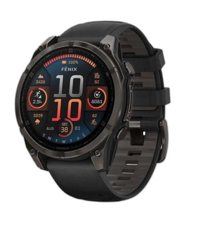 GARMIN Garminfēnix® 8 Pro – 47 mm, AMOLED fēnix® 8 Pro – 47 mm, AMOLED, Sapphire, Carbon Gray DLC Titanium with Black/Pebble Gray Silicone Band