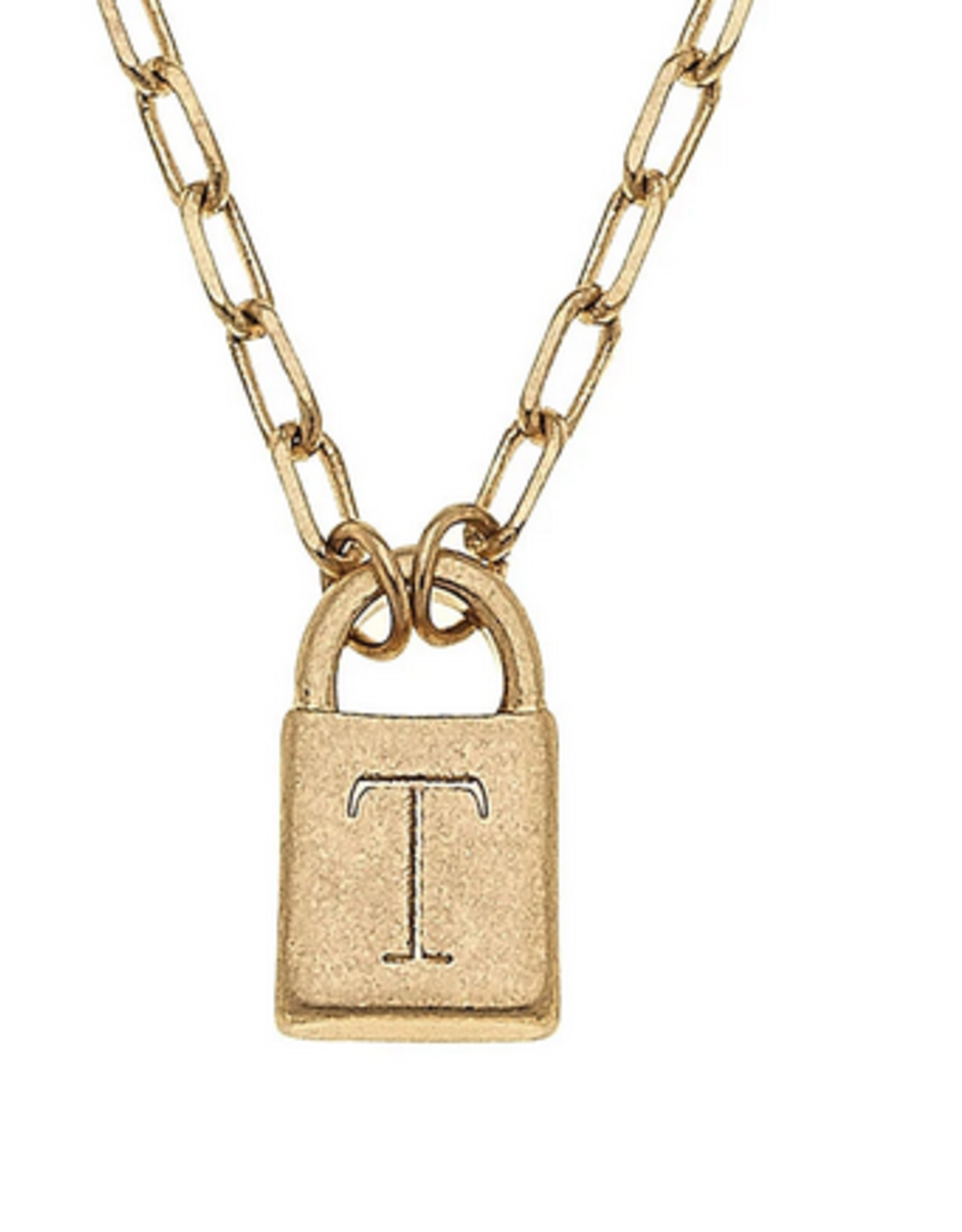 Initial Padlock Necklace Worn Gold