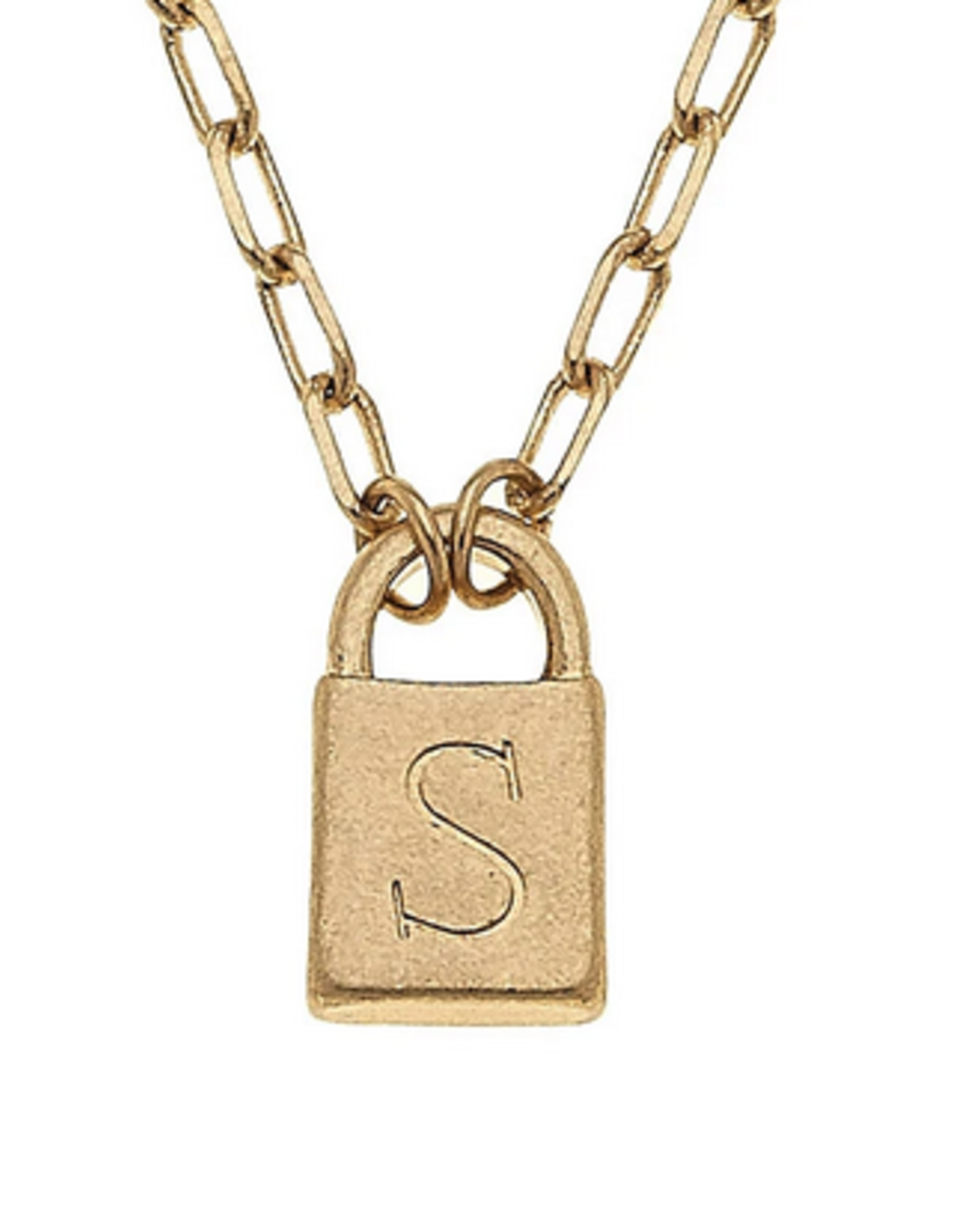 Initial Padlock Necklace Worn Gold