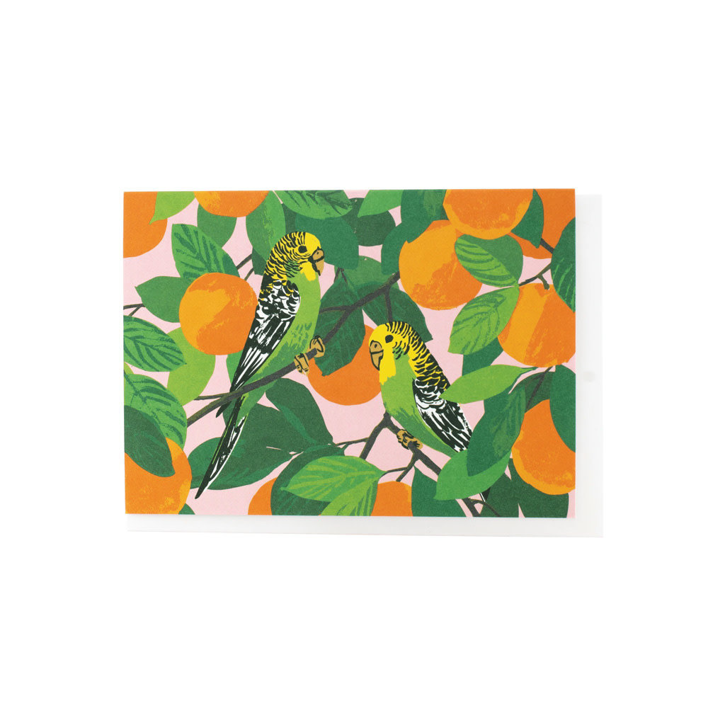 Smudge Ink Parakeets in Orange Tree Note Card