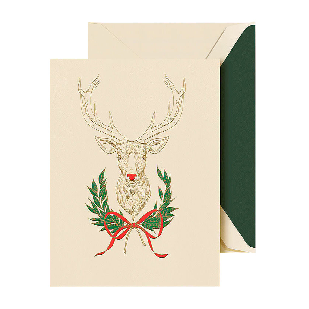 Crane Decorated Reindeer Engraved Card Set of 10