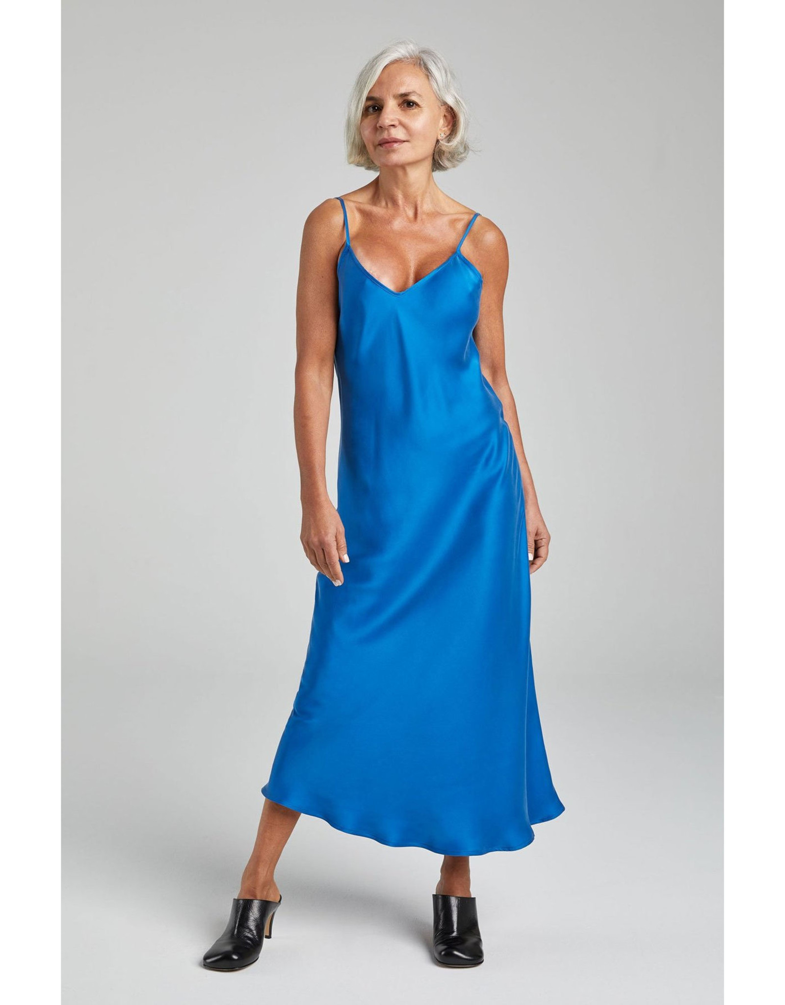 silk slip dress blue