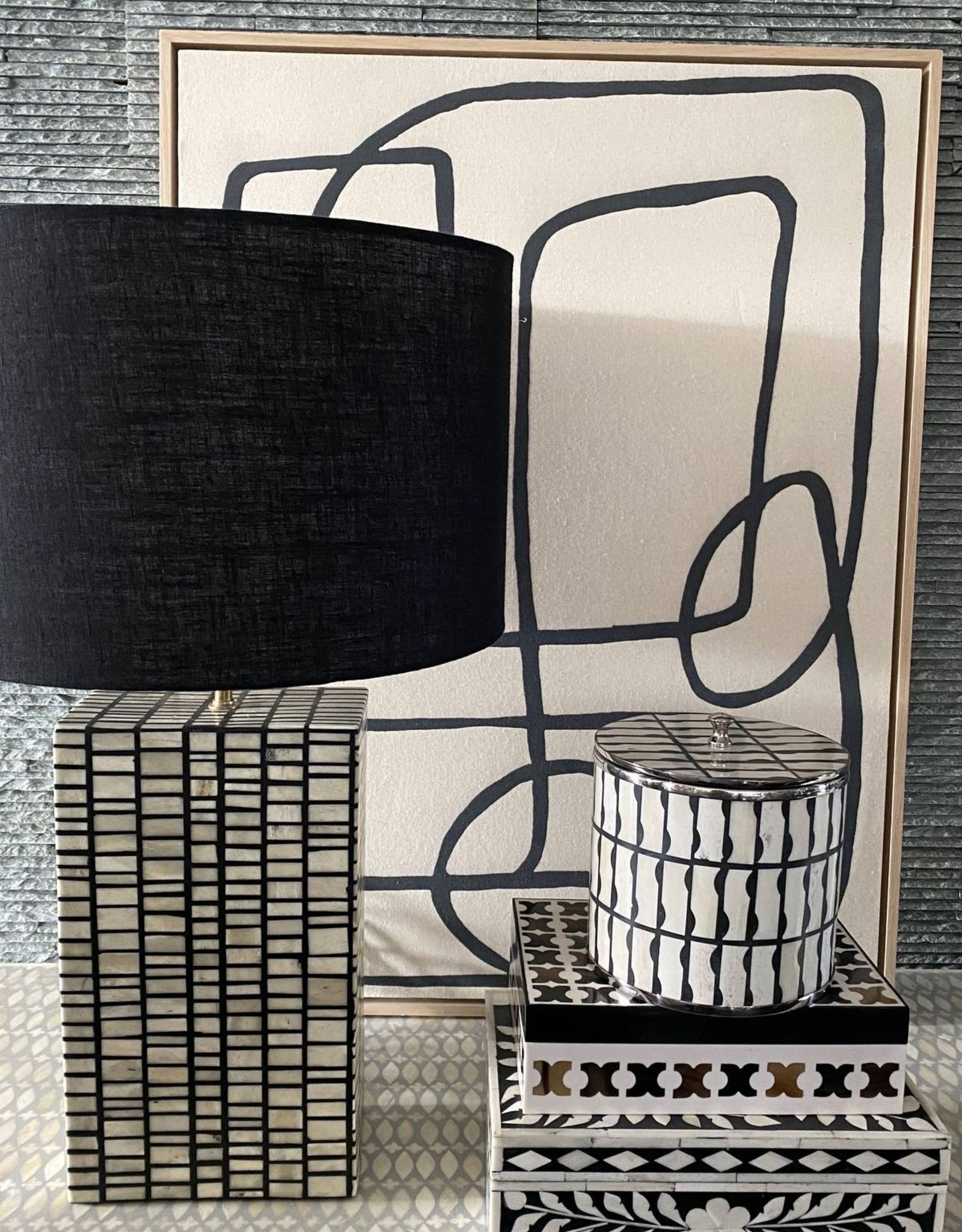 Bone Inlay Lamp Base With Black Linen Drum Shade Saler Bone Inlay Lamp Base With Black Linen, Black Linen Lamp Shade