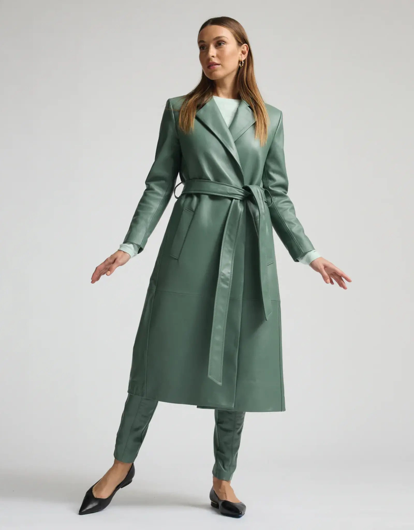 RAW BY RAW AMELIA LEATHER TRENCH COAT SAGE