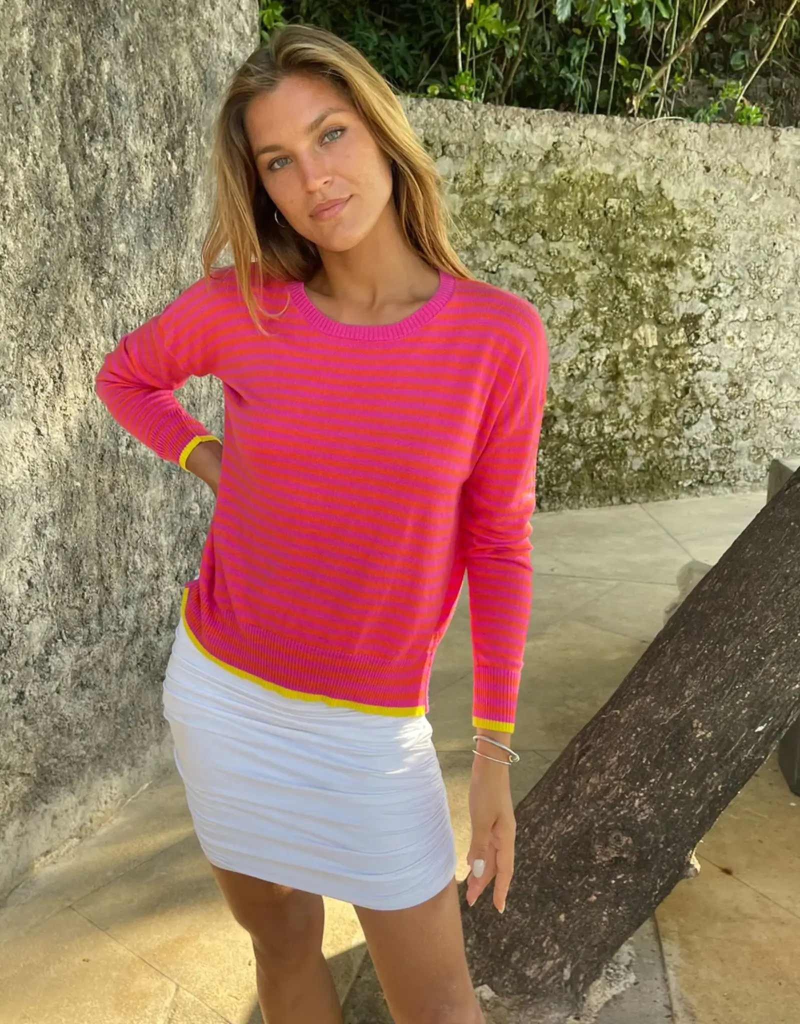 SOPHIE MORAN COTTON CASHMERE STRIPE KNIT ORANGE PINK