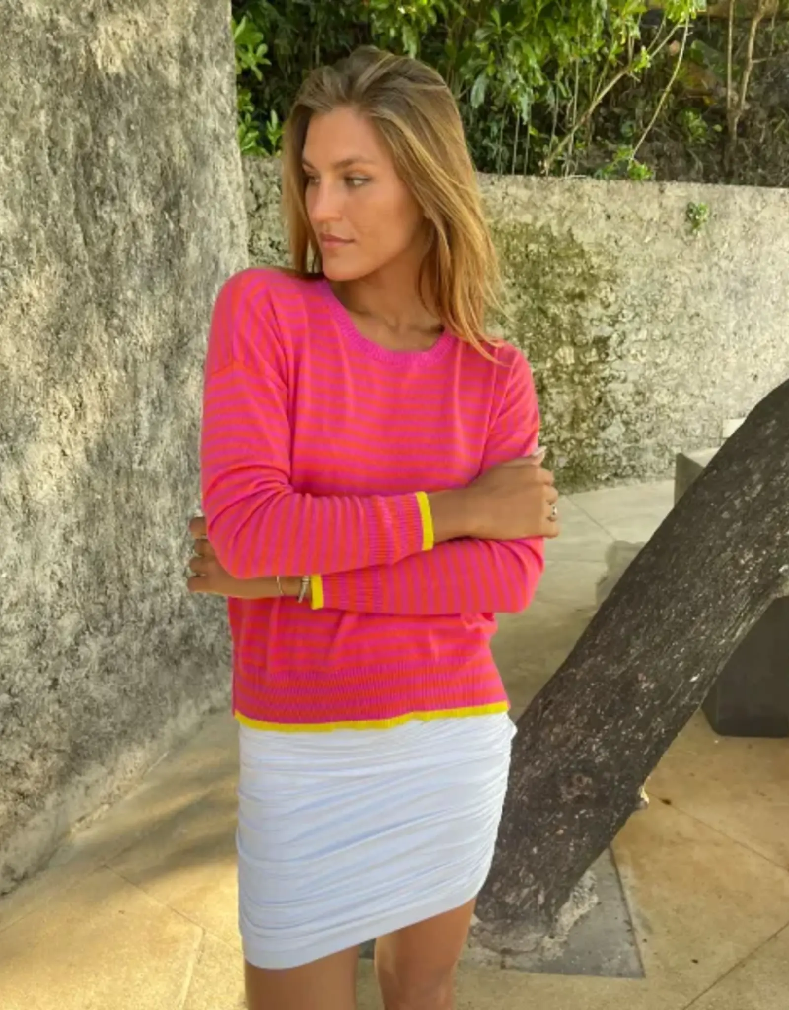 SOPHIE MORAN COTTON CASHMERE STRIPE KNIT ORANGE PINK