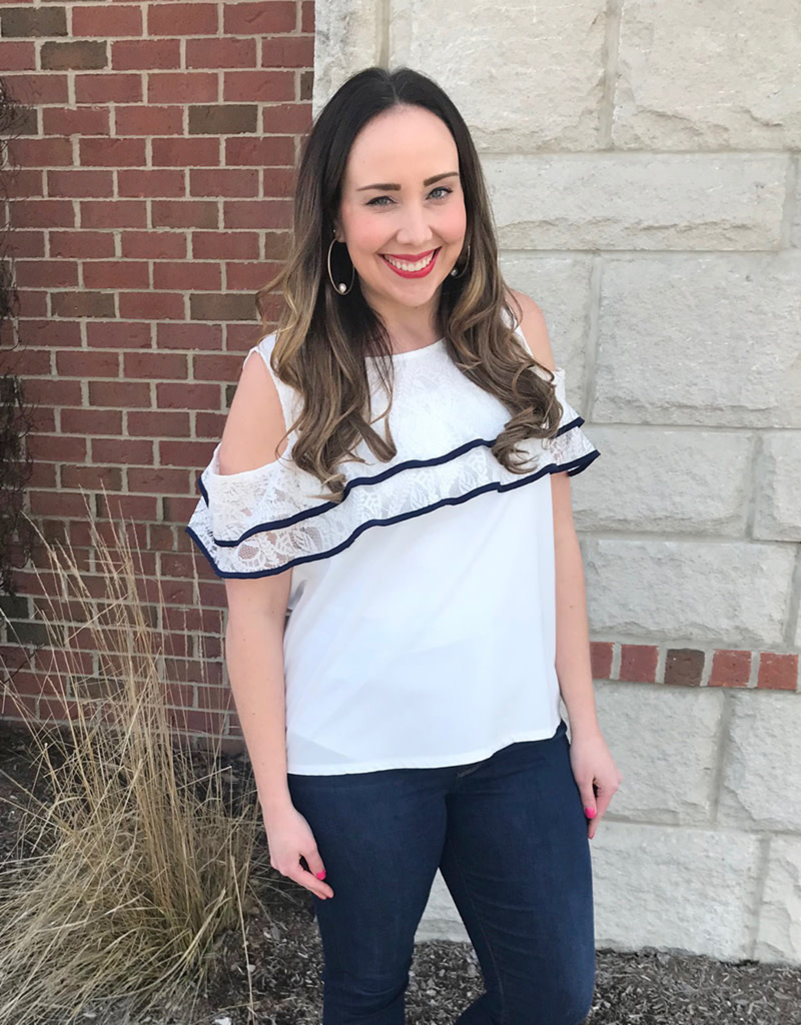 white ruffle cold shoulder top