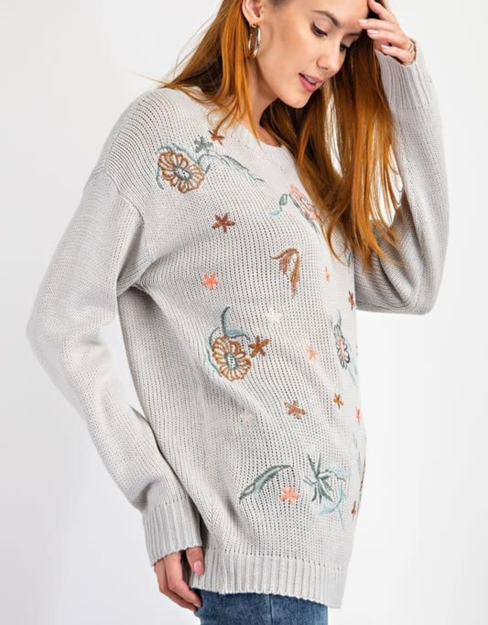 Easel Light Sweater with Embroidered Flowers