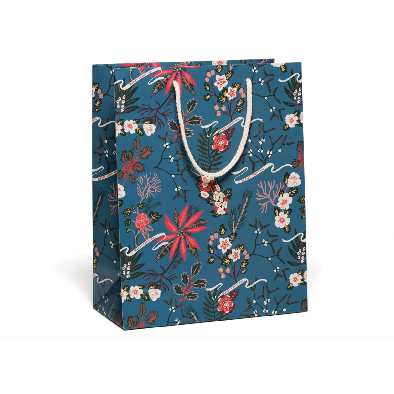 Red Cap Cards Blue Poinsettia Holiday Gift Bag (LG)
