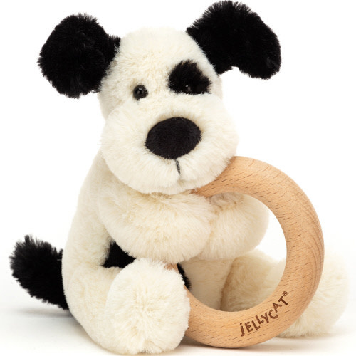 JellyCat Jellycat | Bashful Black and Cream Puppy Wooden Ring Toy