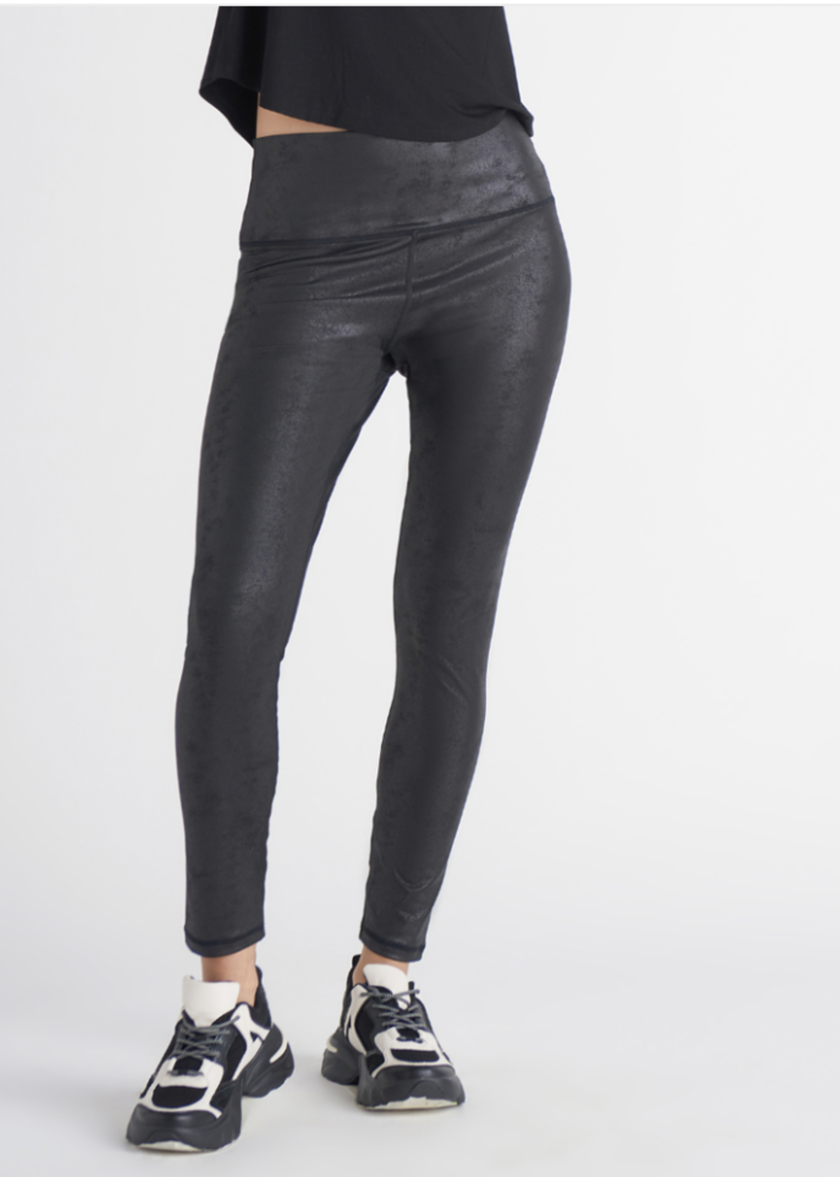 Metallic Black Faux Leather One-Leg Leggings Pants– Peridot Clothing