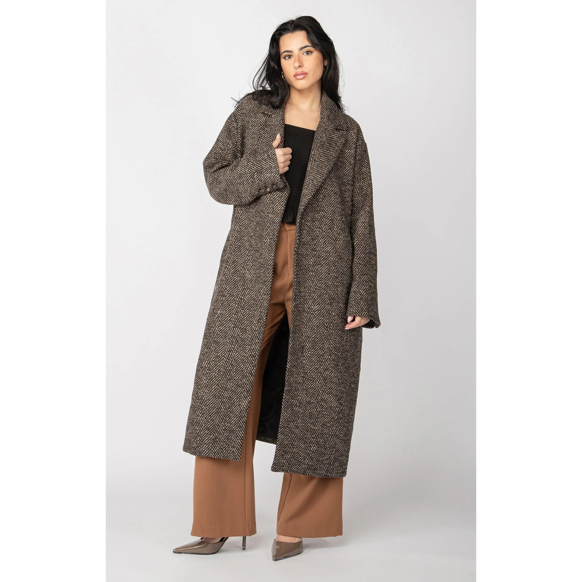 ジャケット・アウター herringbone wool-blend classic coat belted herringbone jacket - LoSa Chic Boutique