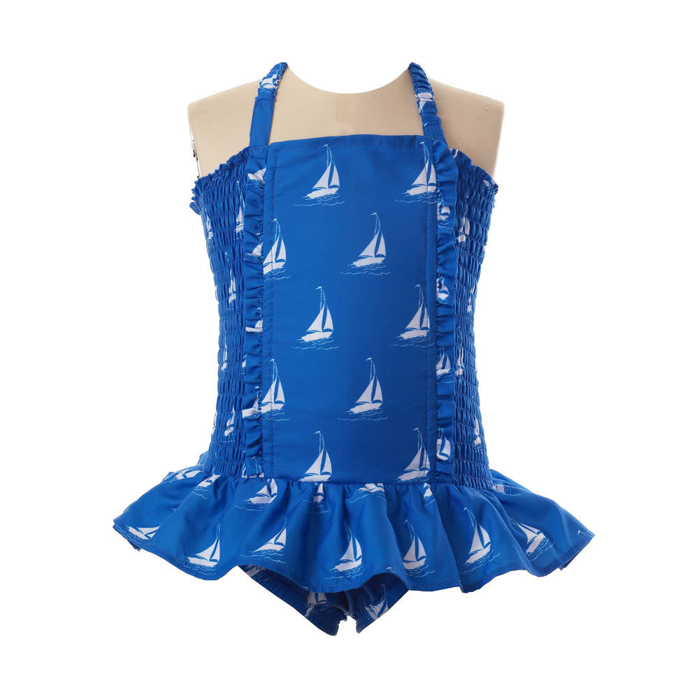 Rachel Riley Blue Sailboat Ruched Swimsuit Rachel Riley Blue Sailboat Ruched Swimsuit