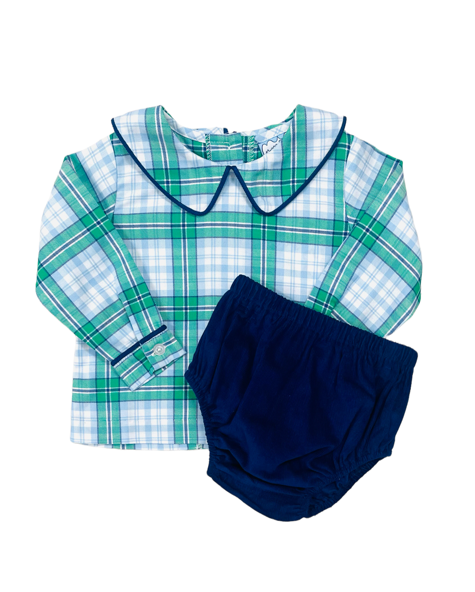 Three Sisters Green and Blue Plaid Boys Bloomer Set
