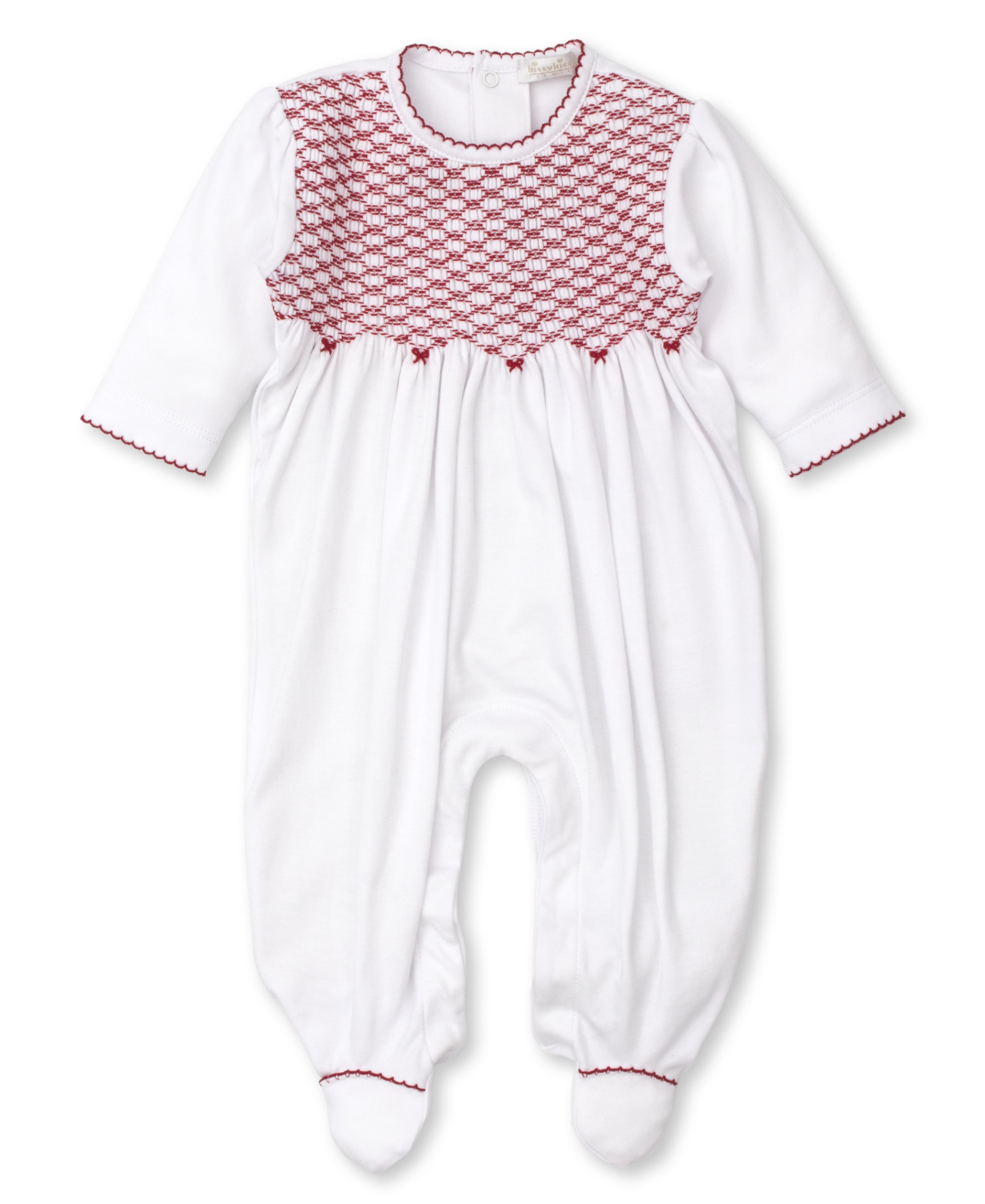 Kissy Kissy White w Red Hand Smocked Footie