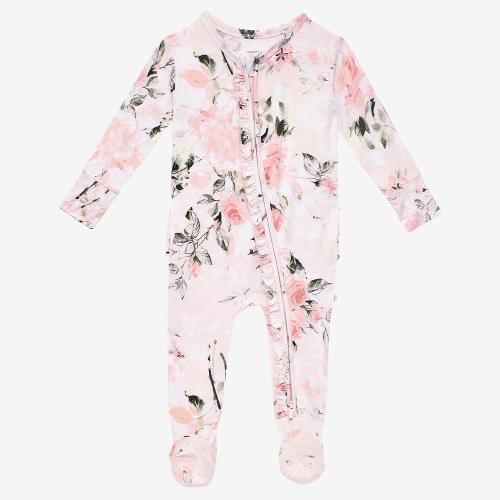 Posh Peanut Vintage Pink Rose Ruffle Zip Footie