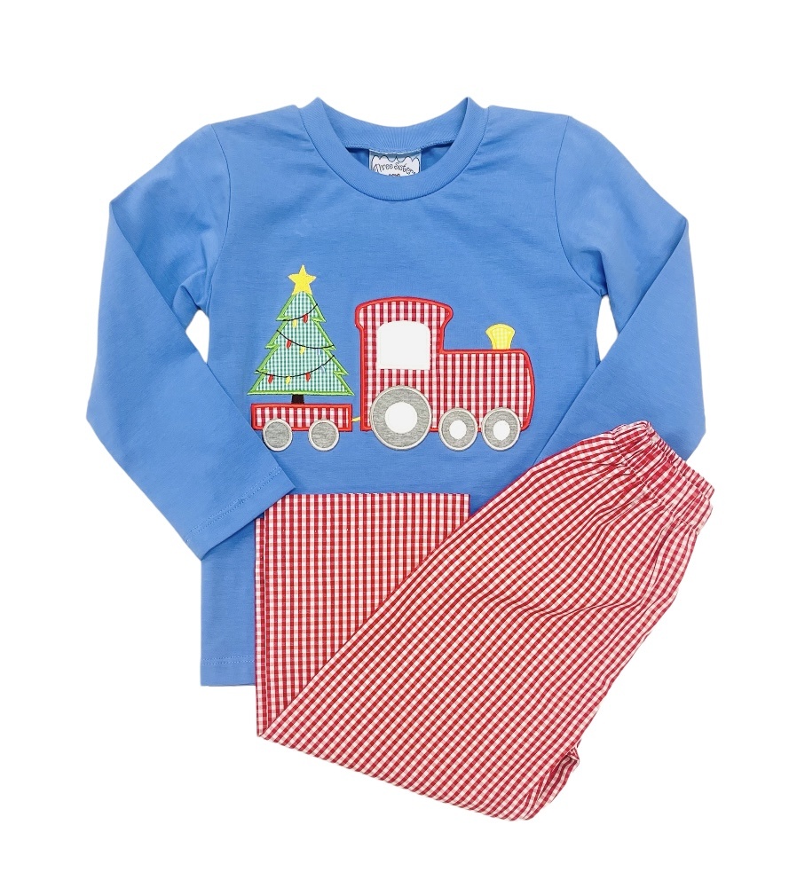 Three Sisters Applique Christmas Train Pant Set Three Sisters Applique Christmas Train Pant Set