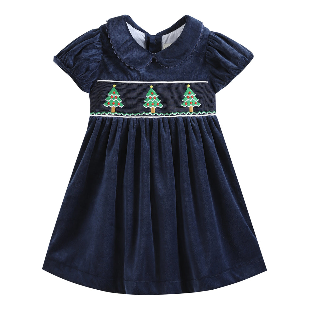 Lil Cactus Navy Christmas Tree Smocked Dress