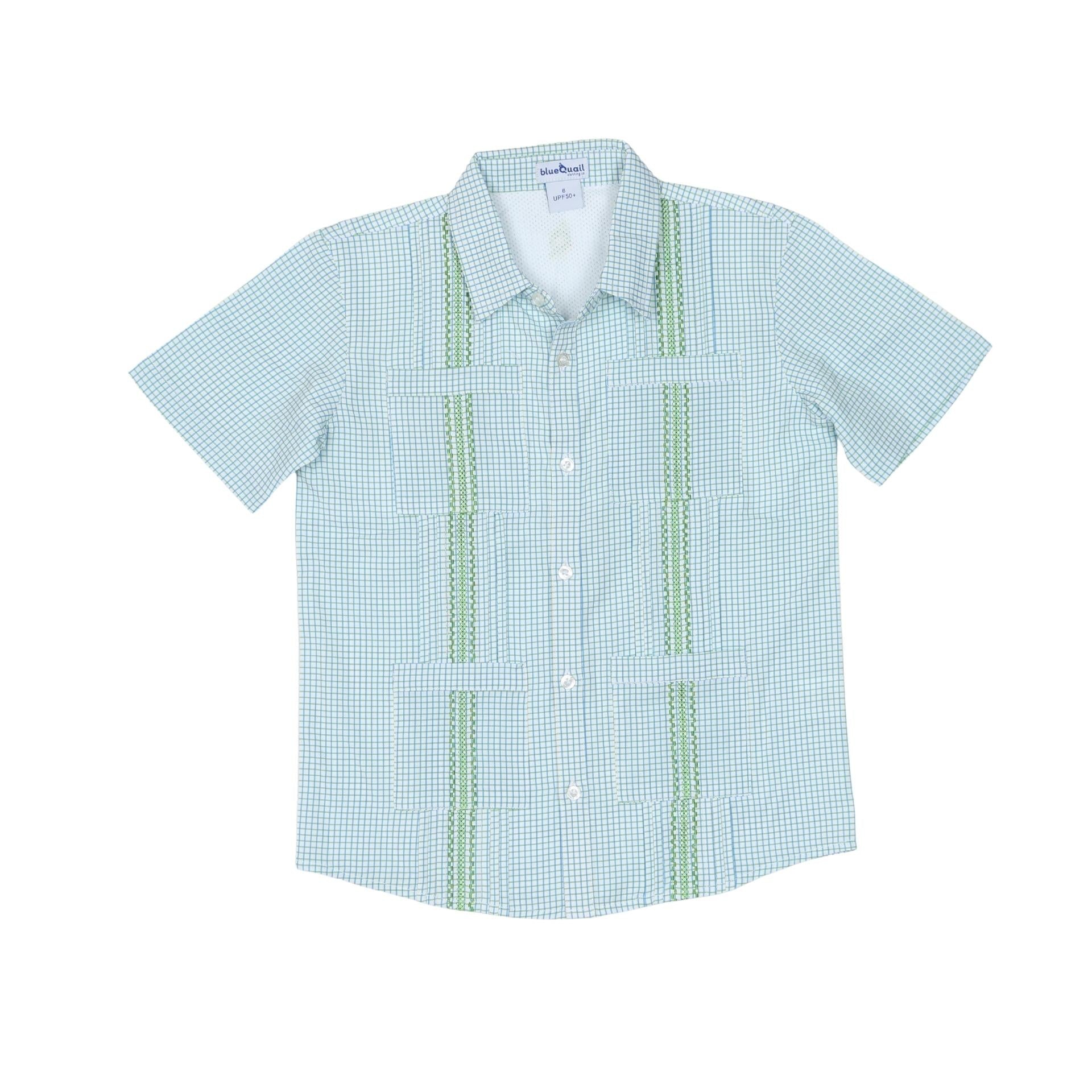 Blue Quail Blue/Green Check Guayabera Shirt Blue Quail Blue/Green Check Guayabera Shirt