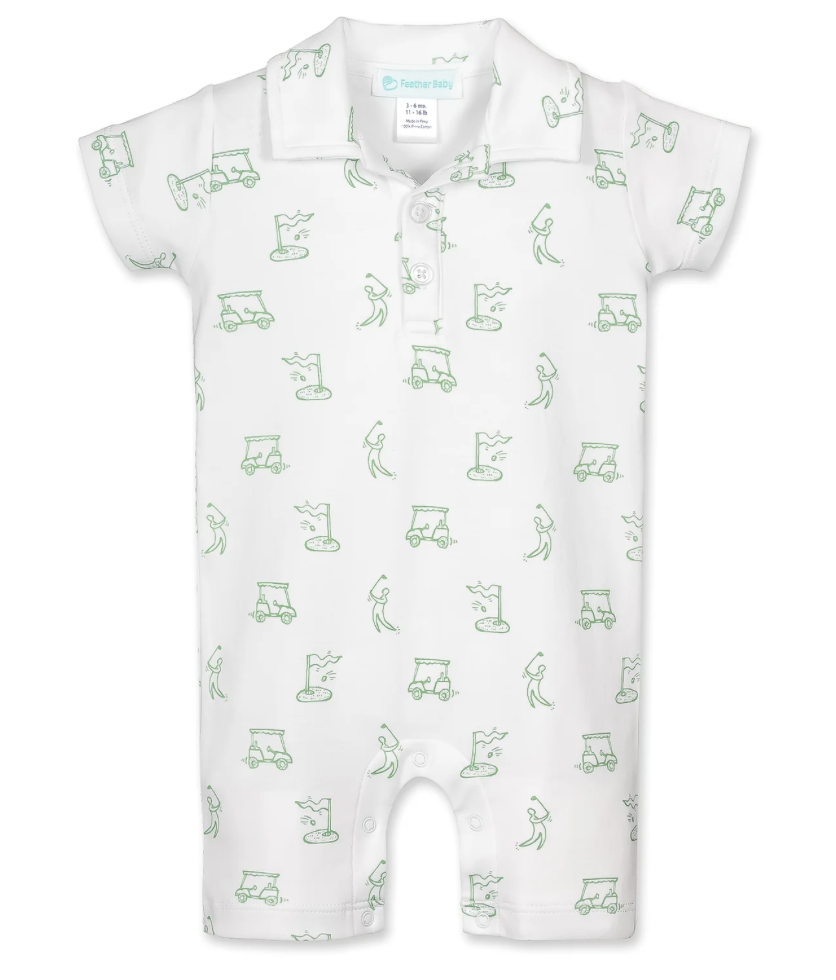 Feather Baby Green on White Golfer Collared Romper Feather Baby Green on White Golfer Collared Romper