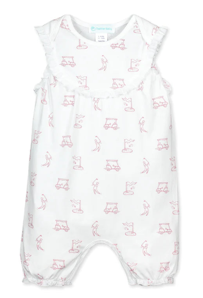 Feather Baby Pink on White Golfer Yoke Romper