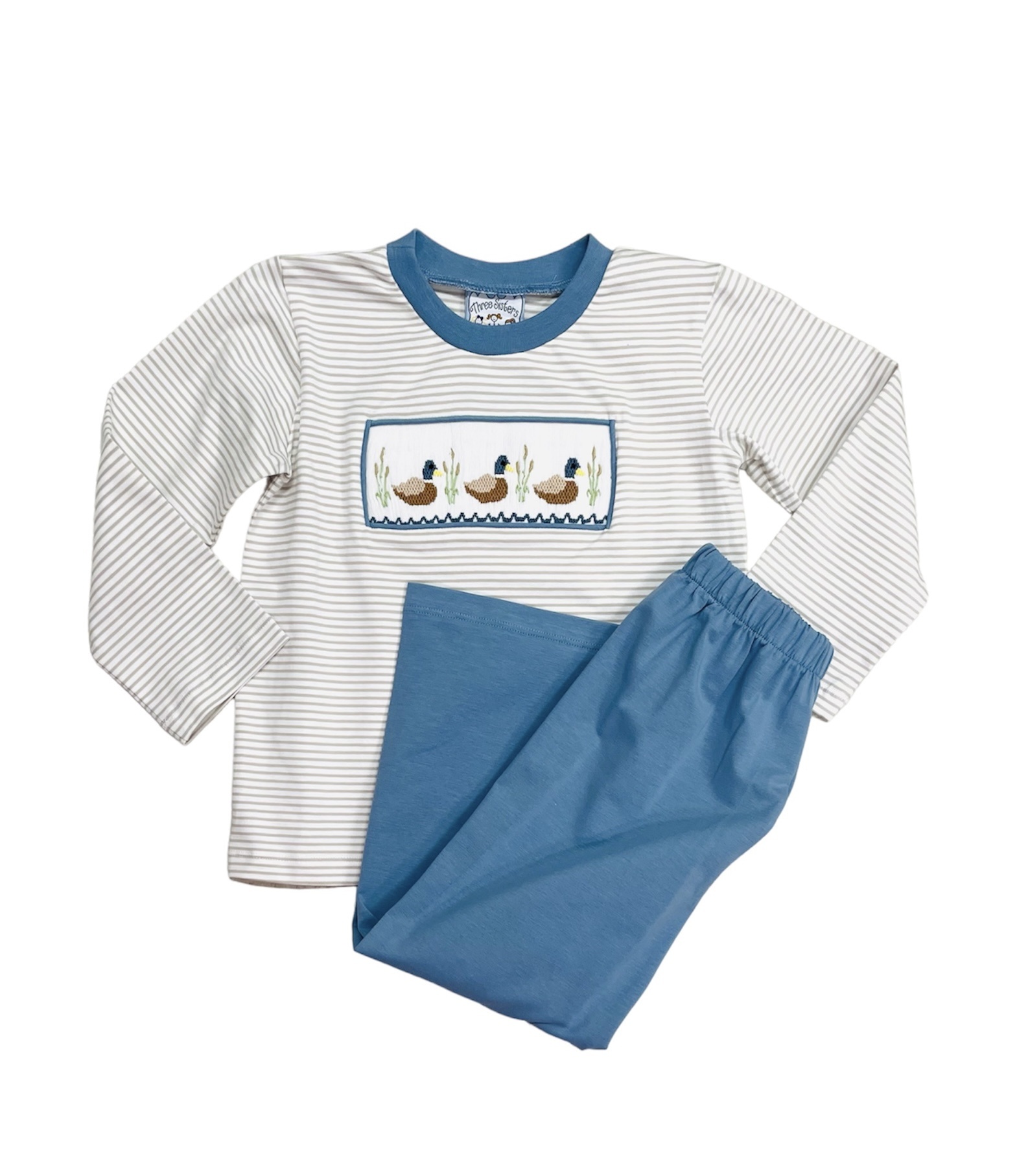 Three Sisters Green/White Stripe Mallard Duck Smocked Boys Pant Set Three Sisters Green/White Stripe Mallard Duck Smocked Boys Pant Set
