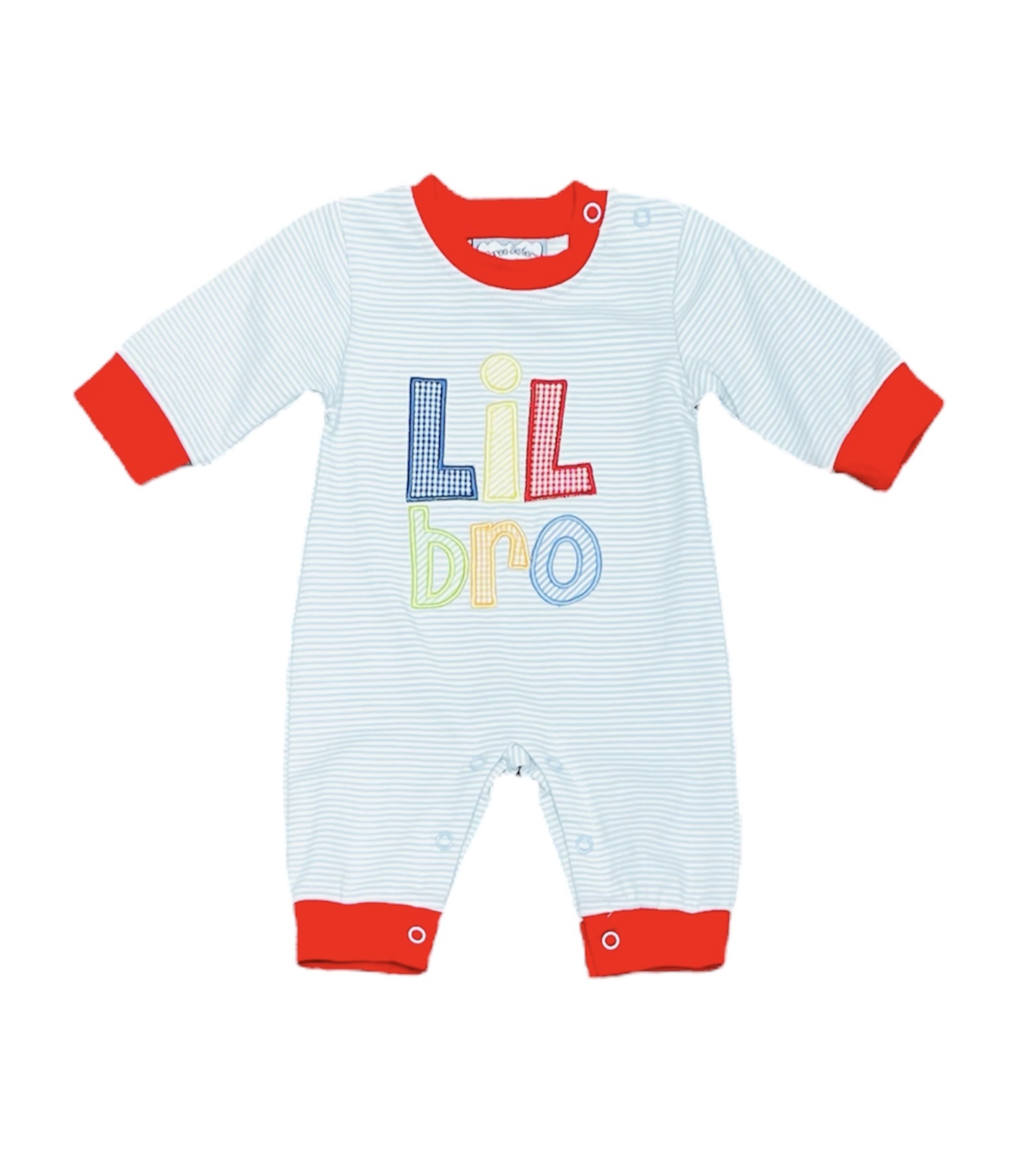 Three Sisters Blue/White Lil Bro Applique Boys Romper Three Sisters Blue/White Lil Bro Applique Boys Romper
