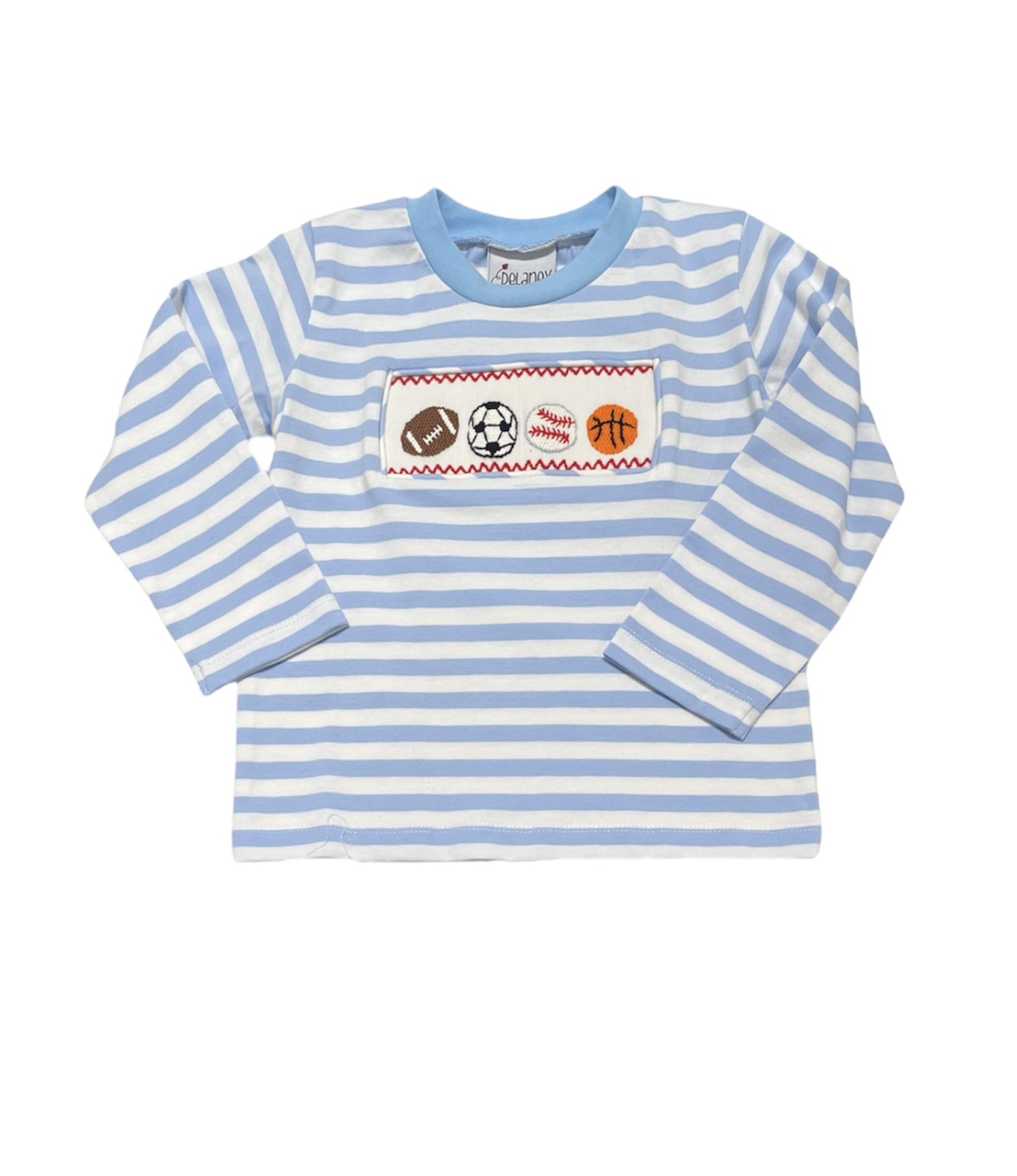 Delaney Light Blue/White Stripe Knit Smocked Sports L/S Tee