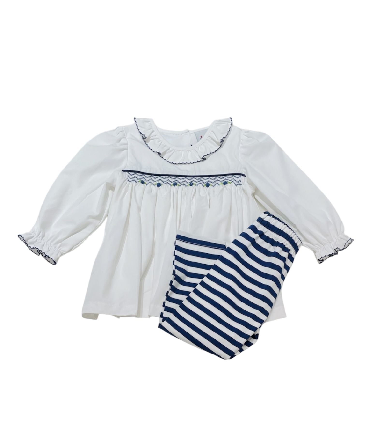 Delaney White L/S Navy Trimmed Top/Navy Stripe Legging