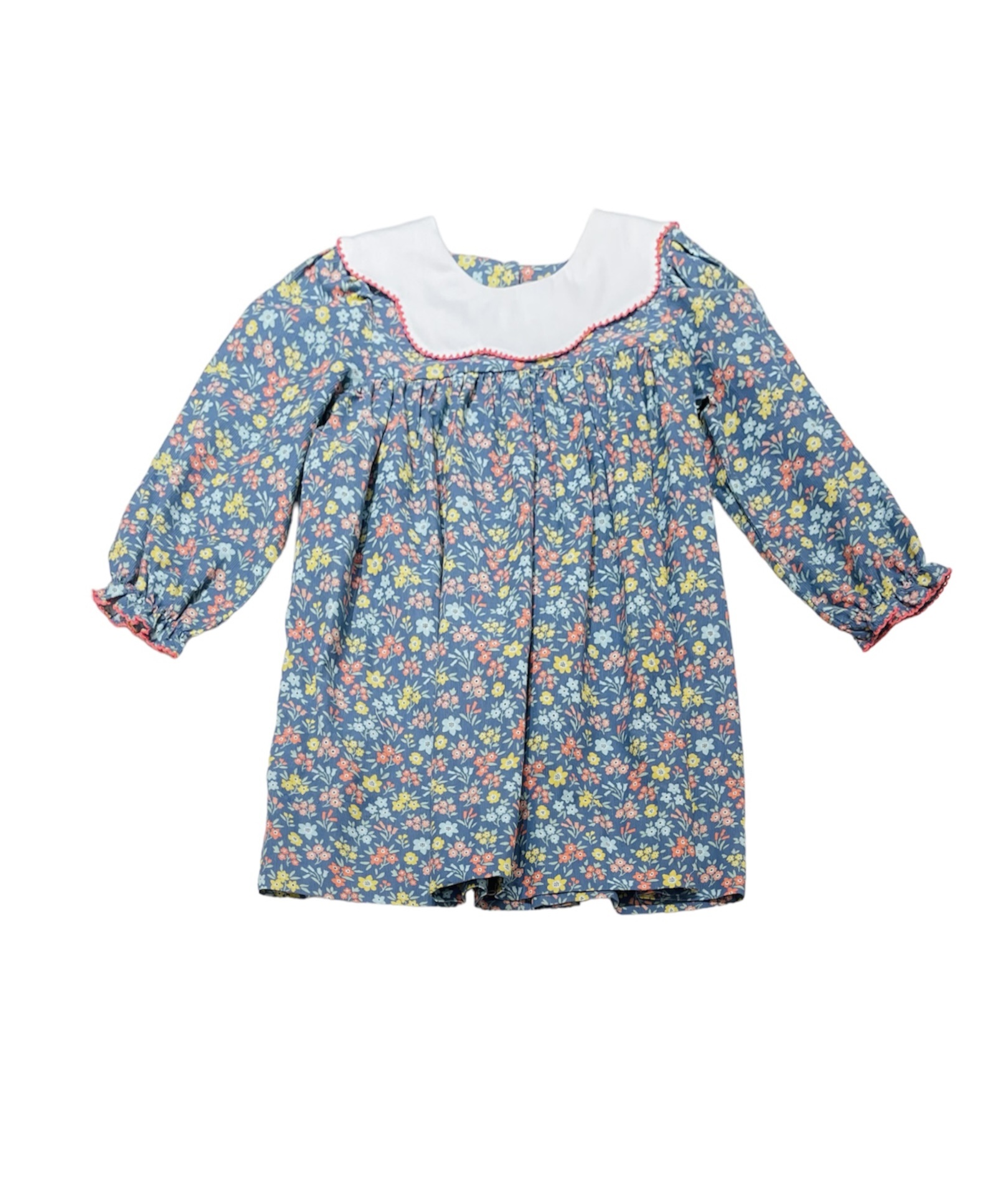 Delaney Blue Floral Corduroy White Scallop Collar Dress