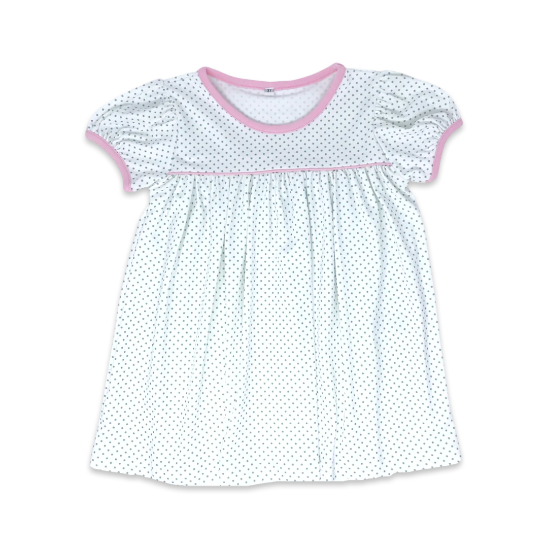 Lullaby Set Green Bitty Dot w/ Pink Welting Dress