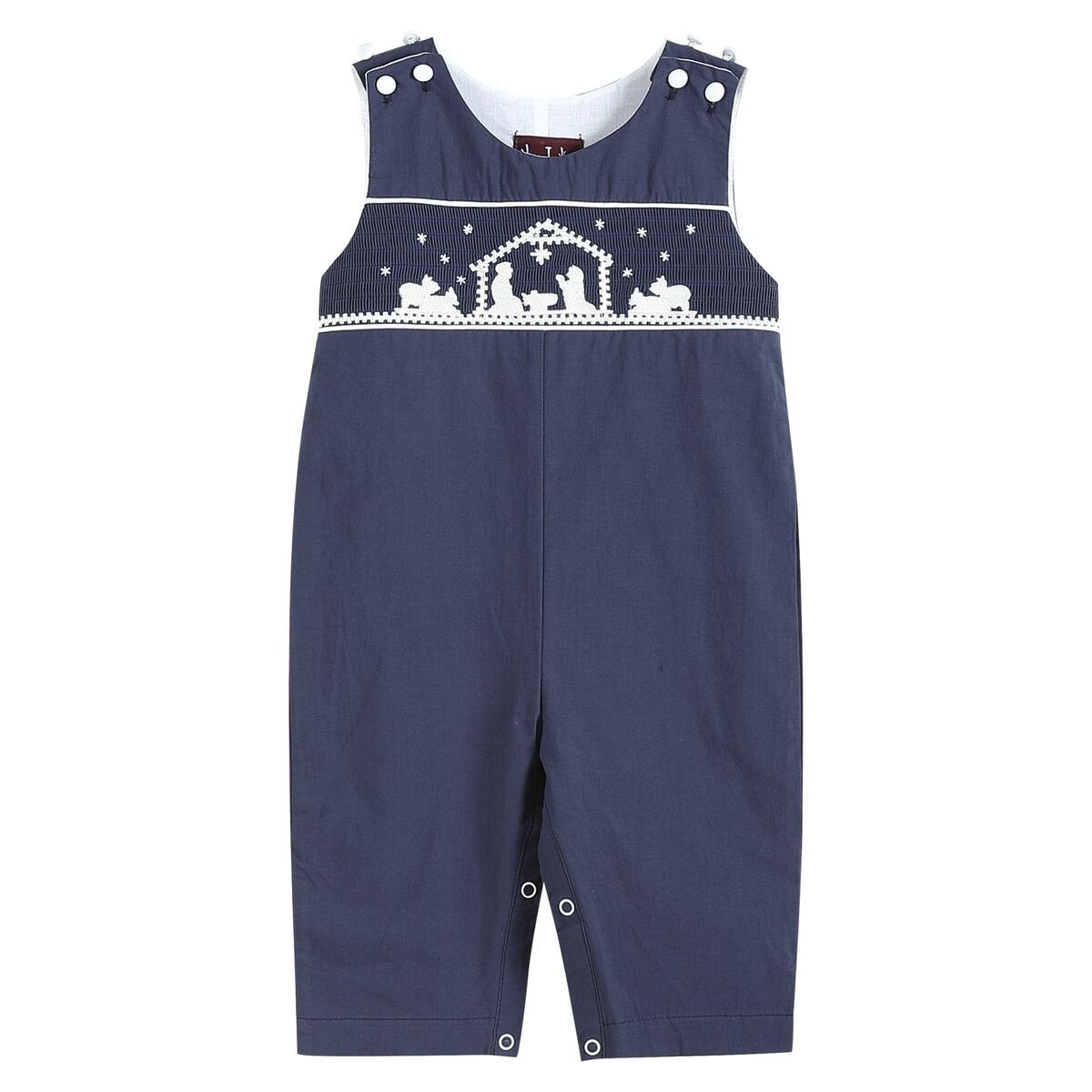 Lil Cactus Dark Blue Nativity Smocked Overalls Lil Cactus Dark Blue Nativity Smocked Overalls