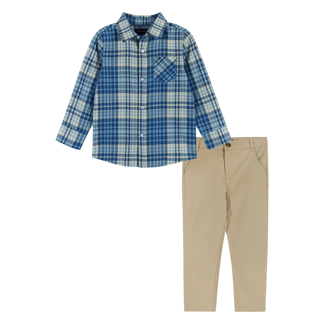 Andy & Evan Blue/Cream Plaid Buttondown Set
