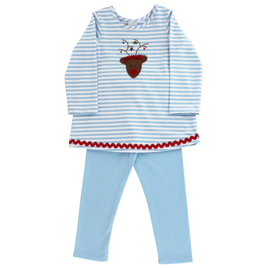 Bailey Boys Blue/White Stripe Reindeer Tunic Pant Set