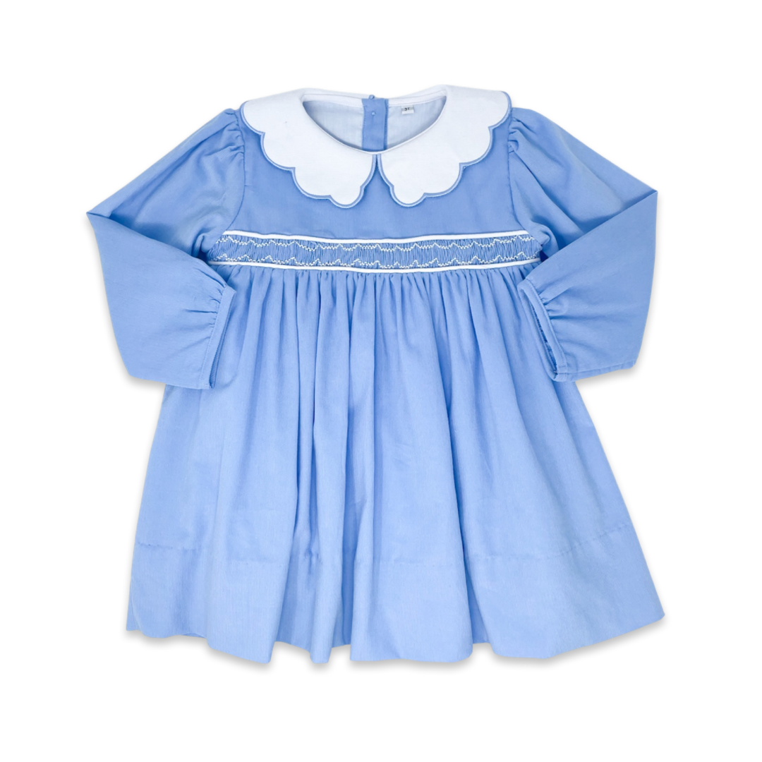 Lullaby Set Blue Corduroy w/White Scallop Collar and Smocking Dress