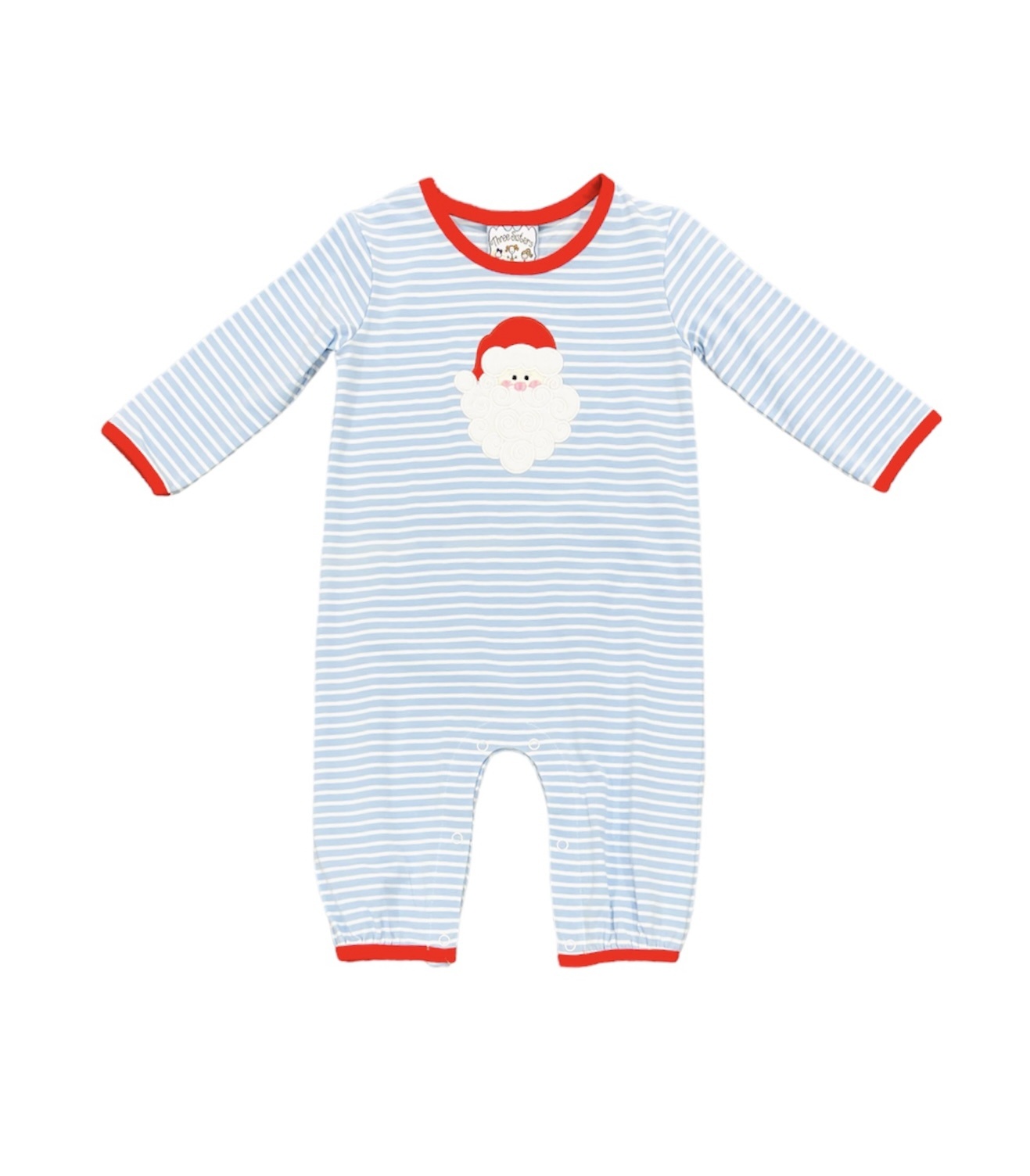 Three Sisters Blue/White Stripe L/S Santa Applique Boys Romper Three Sisters Blue/White Stripe L/S Santa Applique Boys Romper