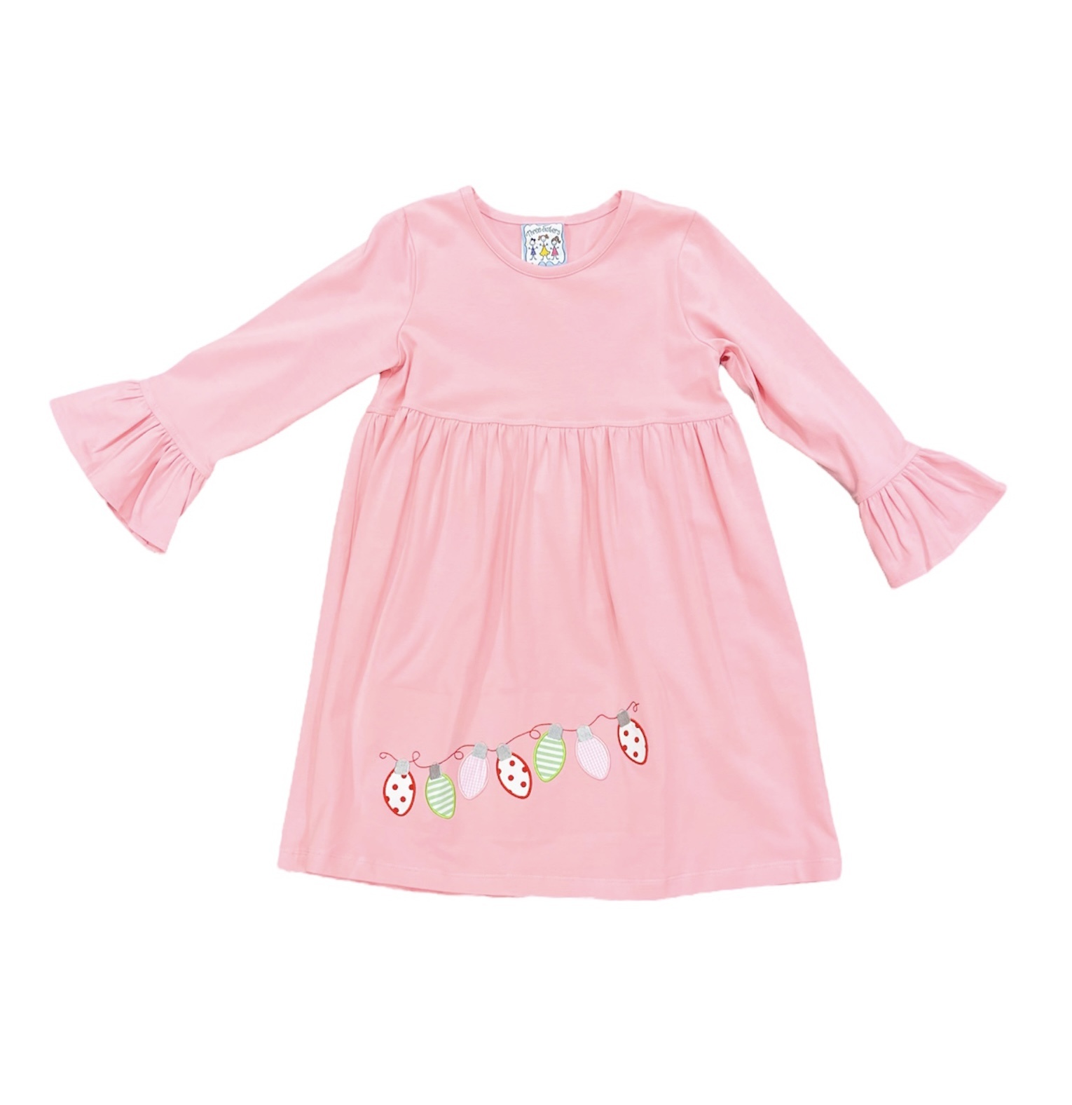 Three Sisters Pink Christmas Lights Applique Dress Three Sisters Pink Christmas Lights Applique Dress