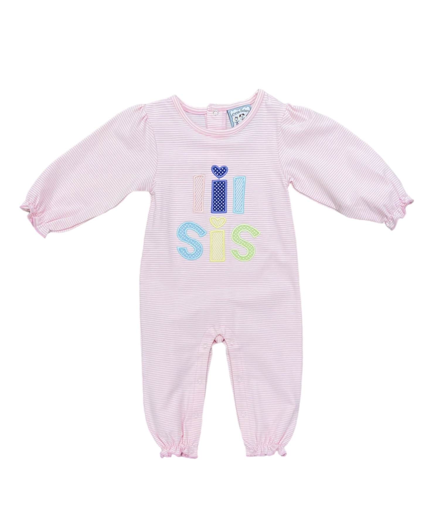 Three Sisters Pink/White Lil Sis Applique Girls Romper