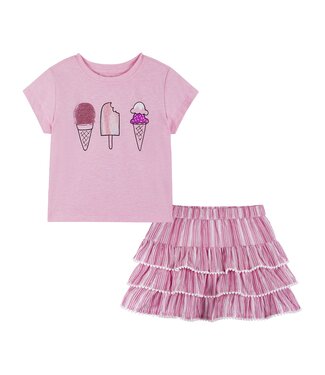Pink Ice Cream Print Nep Tee & Tiered Skirt Set