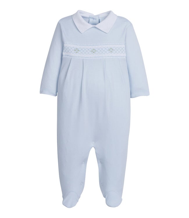 Little English Smocked Footie-Blue Geo