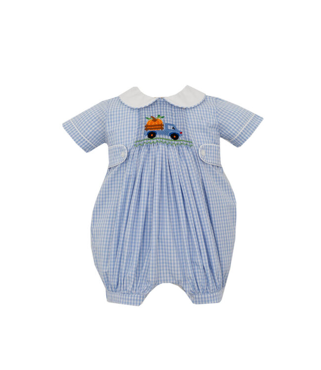 Anavini Lt. Blue Gingham Pumpkin Truck Short S/S Romper