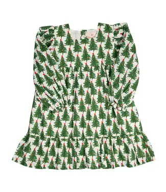 Smocking Bird Christmas Tree Print Dress